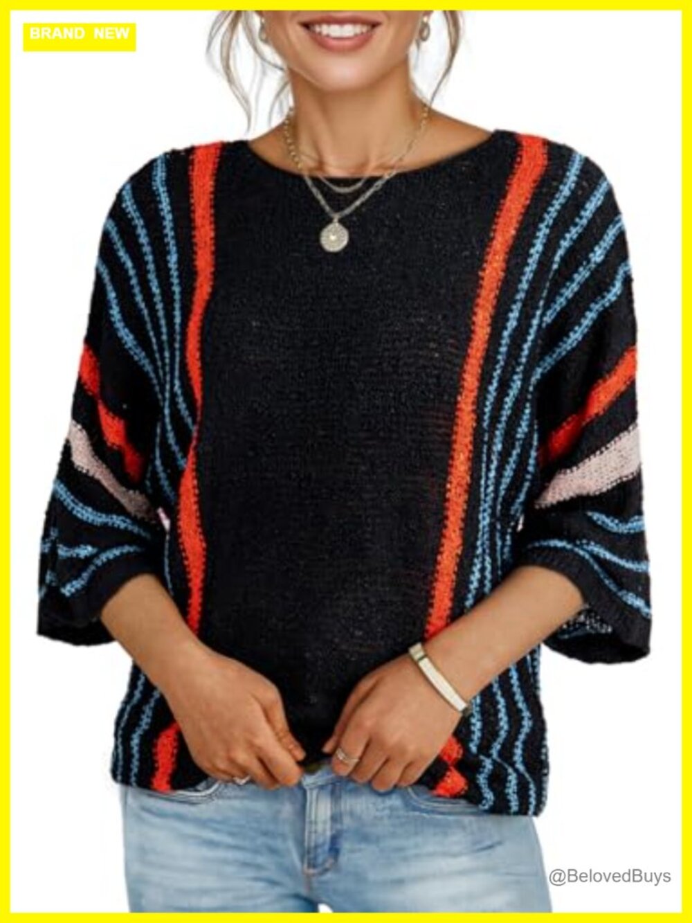Dokotoo Womens 3/4 Sleeve Knit Pullover Sweater Crewneck Loose Fit